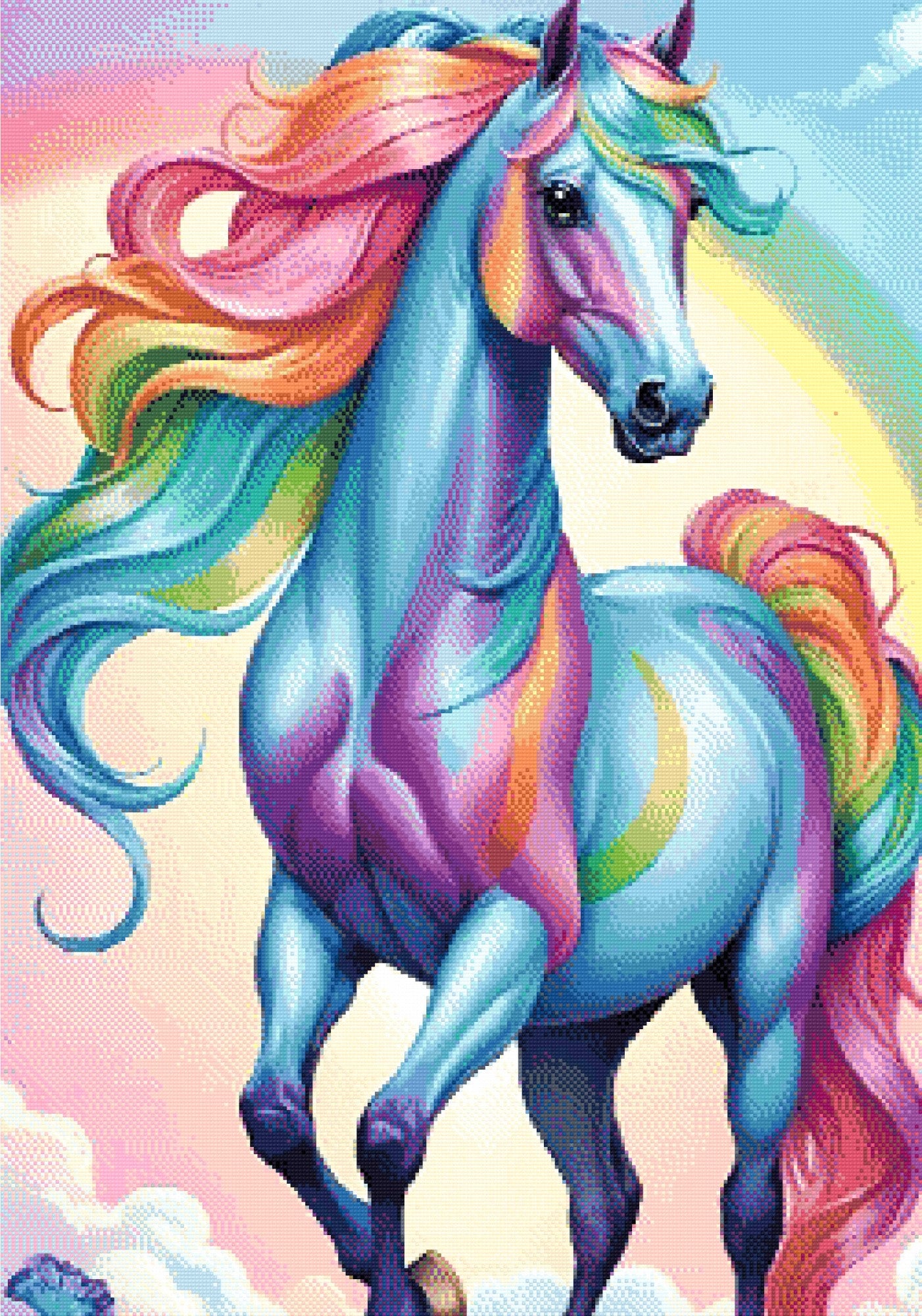 A Diamond Painting Rendering Of A Blue Horse With A Rainbow Mane And Tail Standing Against A Pastel Sky With A Faint Rainbow. Size - 70cm X 100cm