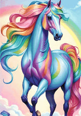 A Diamond Painting Rendering Of A Blue Horse With A Rainbow Mane And Tail Standing Against A Pastel Sky With A Faint Rainbow. Size - 70cm X 100cm
