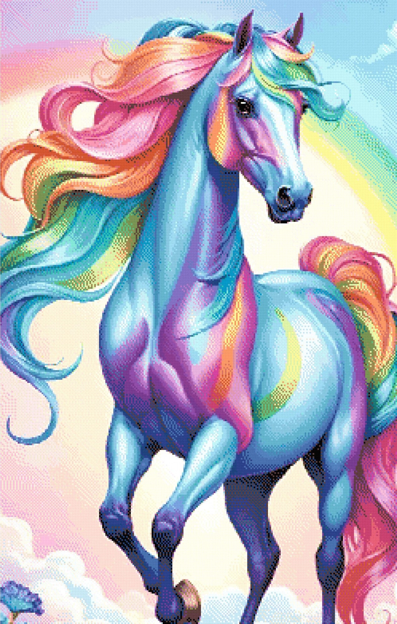 A Diamond Painting Rendering Of A Blue Horse With A Rainbow Mane And Tail Standing Against A Pastel Sky With A Faint Rainbow. Size - 70cm X 110cm