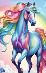 A Diamond Painting Rendering Of A Blue Horse With A Rainbow Mane And Tail Standing Against A Pastel Sky With A Faint Rainbow. Size - 70cm X 110cm