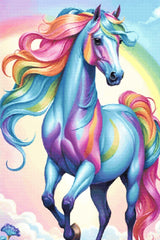A Diamond Painting Rendering Of A Blue Horse With A Rainbow Mane And Tail Standing Against A Pastel Sky With A Faint Rainbow. Size - 80cm X 120cm