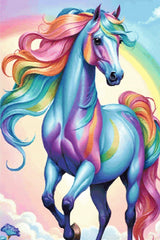 A Diamond Painting Rendering Of A Blue Horse With A Rainbow Mane And Tail Standing Against A Pastel Sky With A Faint Rainbow. Size - 80cm X 120cm