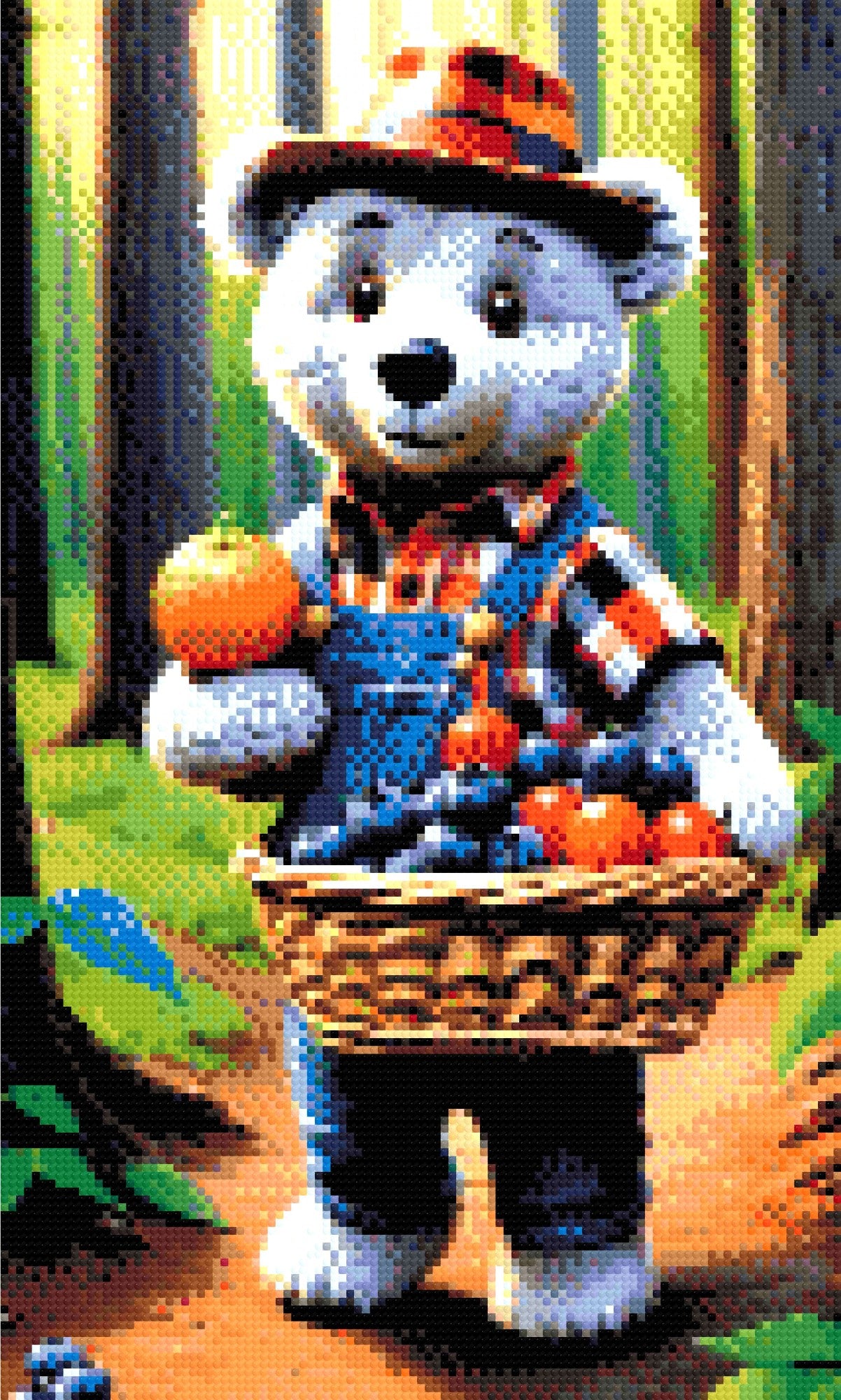 A Diamond Painting Rendering Of A Bear In Plaid And Denim Overalls Carrying A Basket Of Fruit In A Sunlit Forest. Size - 30cm X 50cm