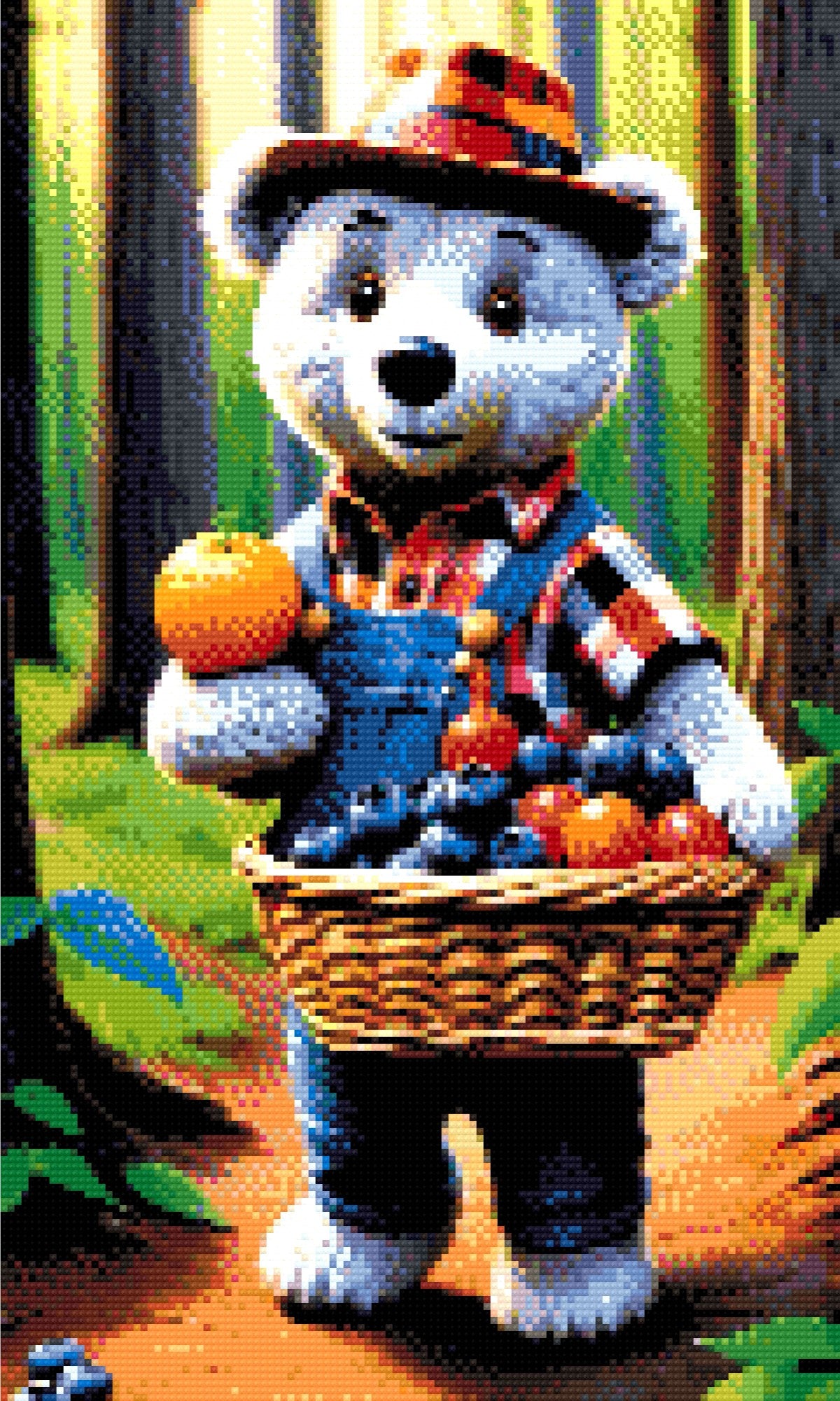 A Diamond Painting Rendering Of A Bear In Plaid And Denim Overalls Carrying A Basket Of Fruit In A Sunlit Forest. Size - 30cm X 50cm