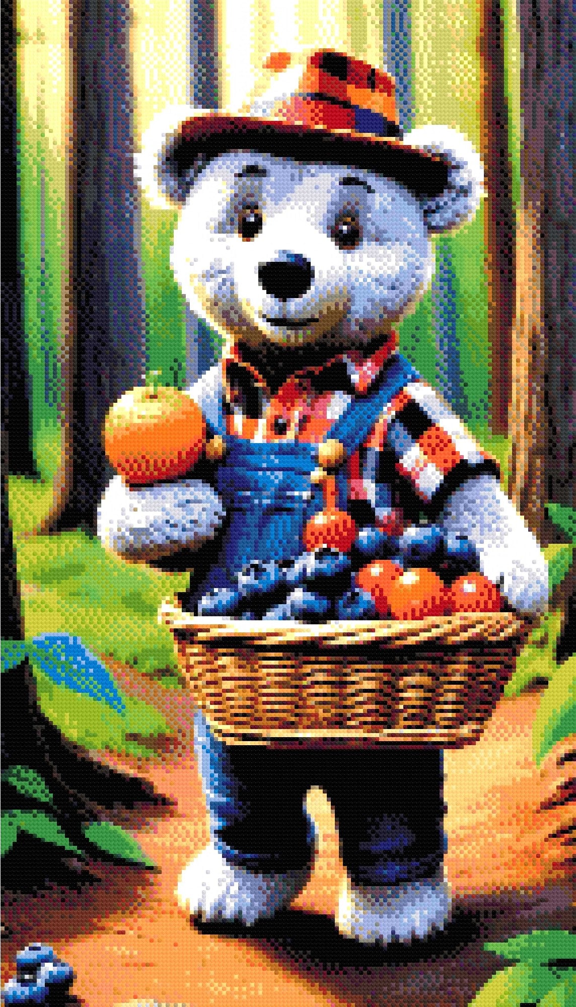 A Diamond Painting Rendering Of A Bear In Plaid And Denim Overalls Carrying A Basket Of Fruit In A Sunlit Forest. Size - 40cm X 70cm