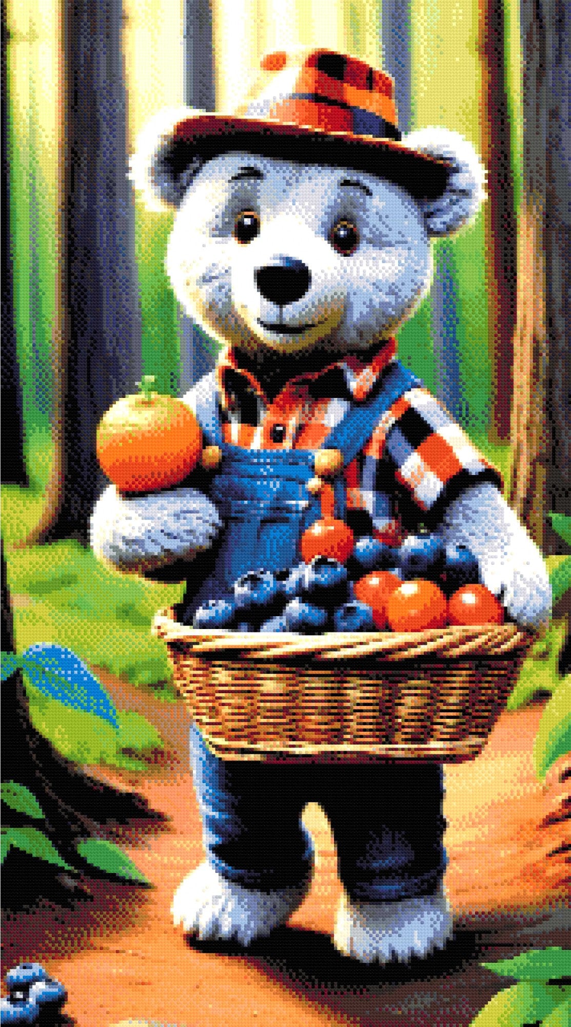 A Diamond Painting Rendering Of A Bear In Plaid And Denim Overalls Carrying A Basket Of Fruit In A Sunlit Forest. Size - 50cm X 90cm