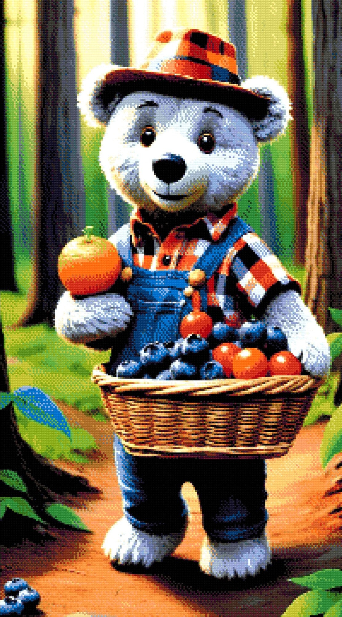 A Diamond Painting Rendering Of A Bear In Plaid And Denim Overalls Carrying A Basket Of Fruit In A Sunlit Forest. Size - 50cm X 90cm