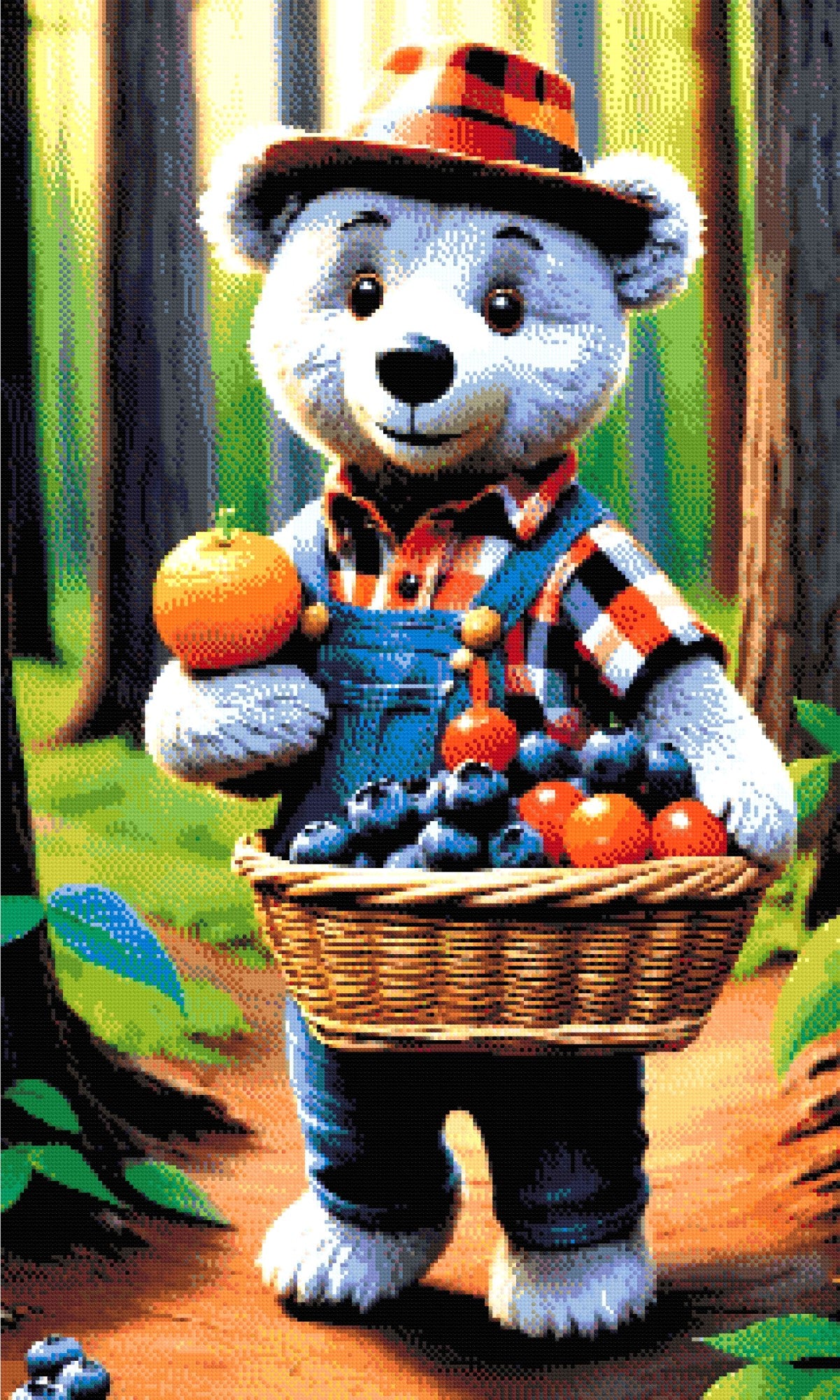 A Diamond Painting Rendering Of A Bear In Plaid And Denim Overalls Carrying A Basket Of Fruit In A Sunlit Forest. Size - 60cm X 100cm