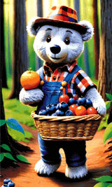 A Diamond Painting Rendering Of A Bear In Plaid And Denim Overalls Carrying A Basket Of Fruit In A Sunlit Forest. Size - 60cm X 100cm