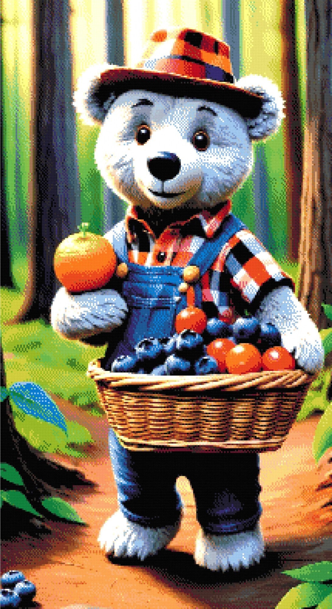 A Diamond Painting Rendering Of A Bear In Plaid And Denim Overalls Carrying A Basket Of Fruit In A Sunlit Forest. Size - 60cm X 110cm