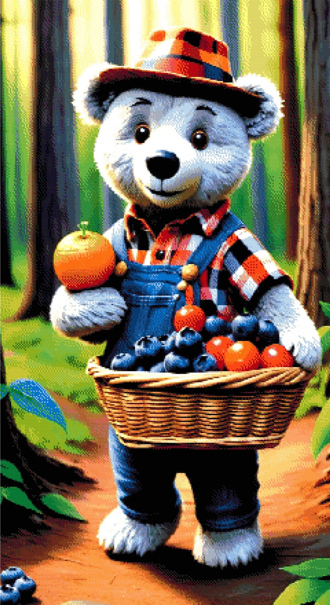 A Diamond Painting Rendering Of A Bear In Plaid And Denim Overalls Carrying A Basket Of Fruit In A Sunlit Forest. Size - 60cm X 110cm