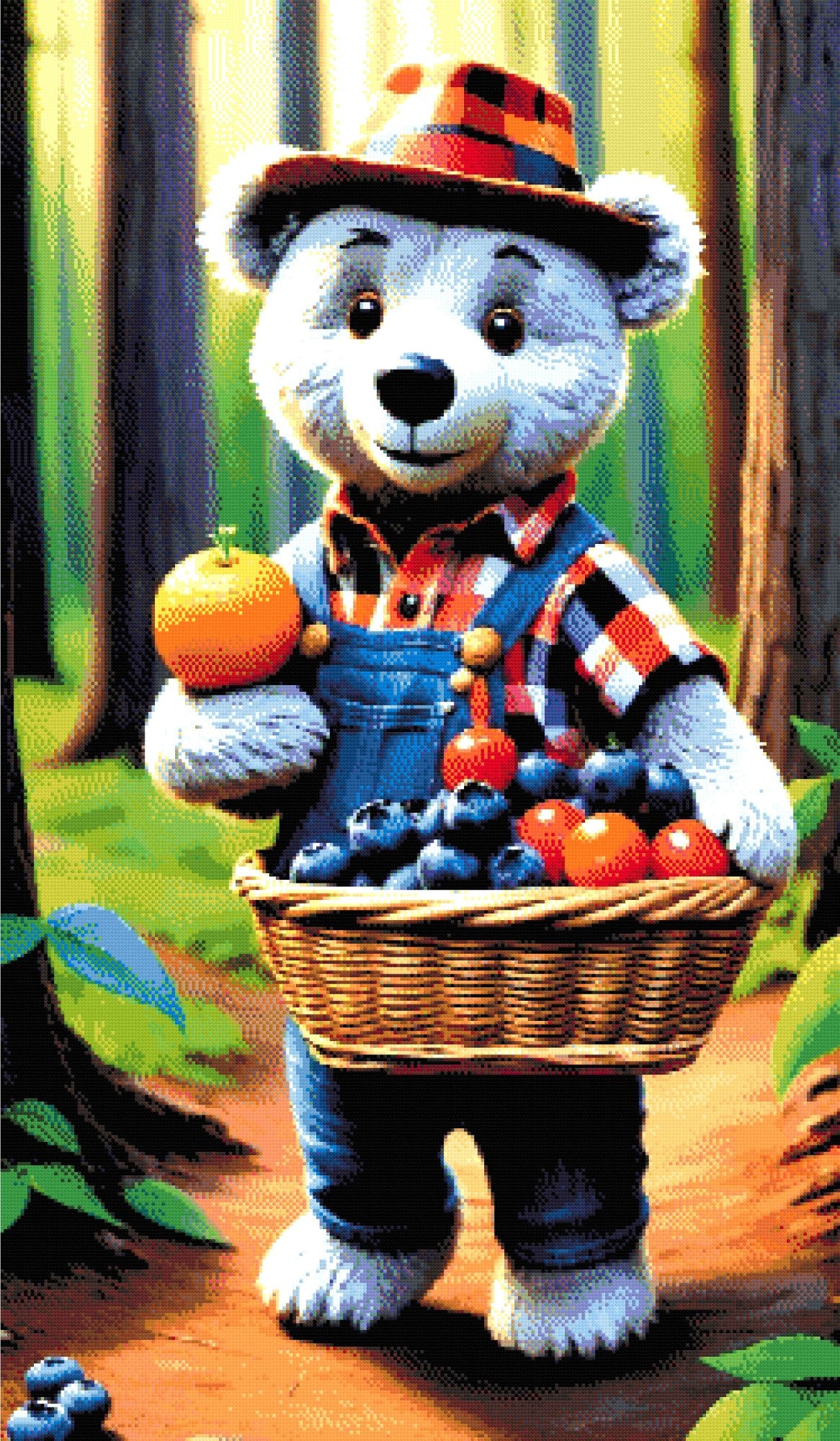 A Diamond Painting Rendering Of A Bear In Plaid And Denim Overalls Carrying A Basket Of Fruit In A Sunlit Forest. Size - 70cm X 120cm