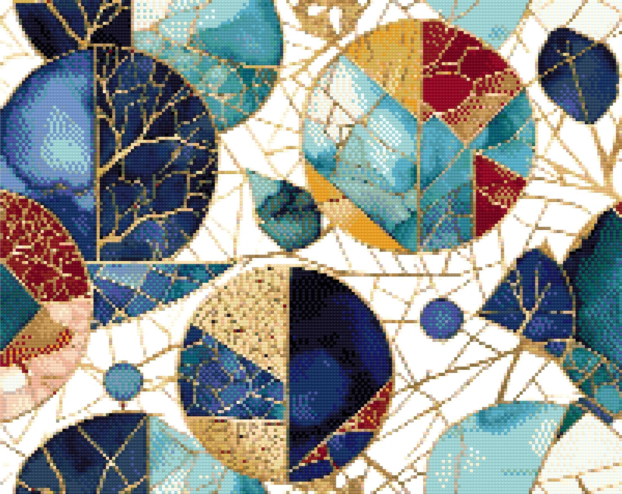 A Diamond Painting Rendering Of Abstract Geometric Mosaic With Watercolour Textures And Gold Lines Inspired By Kintsugi. Size - 50cm X 40cm