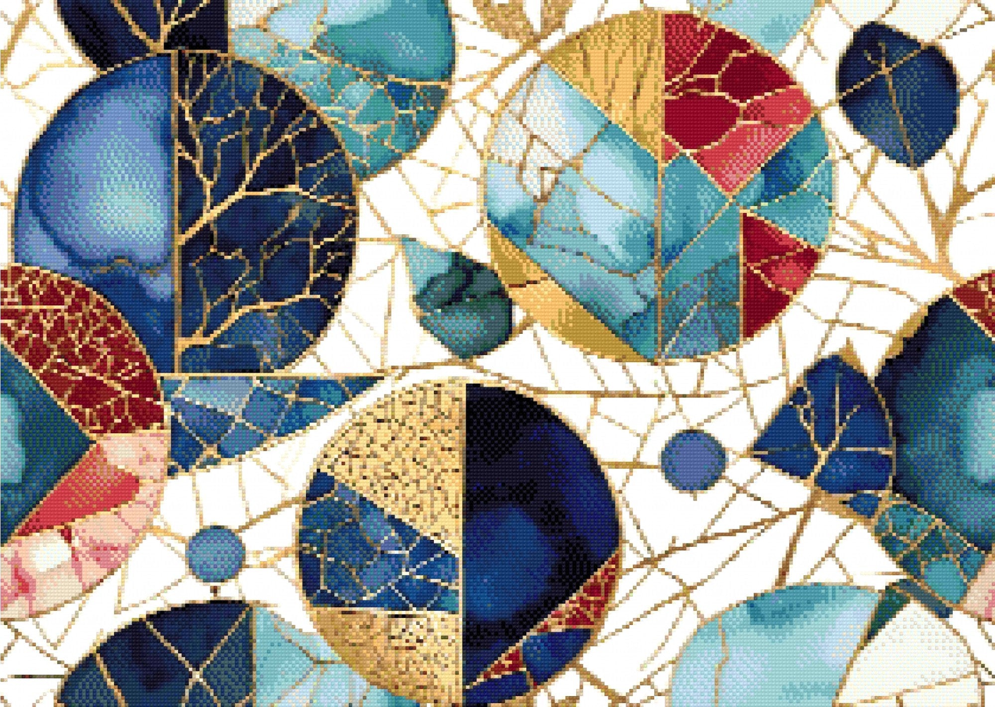 A Diamond Painting Rendering Of Abstract Geometric Mosaic With Watercolour Textures And Gold Lines Inspired By Kintsugi. Size - 70cm X 50cm