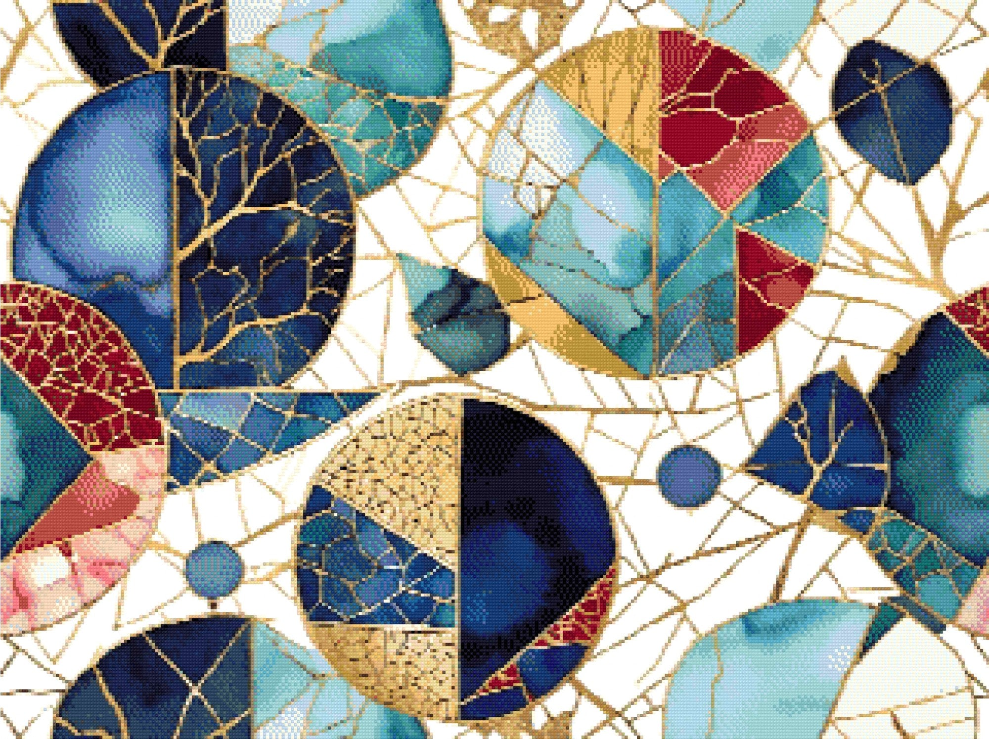 A Diamond Painting Rendering Of Abstract Geometric Mosaic With Watercolour Textures And Gold Lines Inspired By Kintsugi. Size - 80cm X 60cm