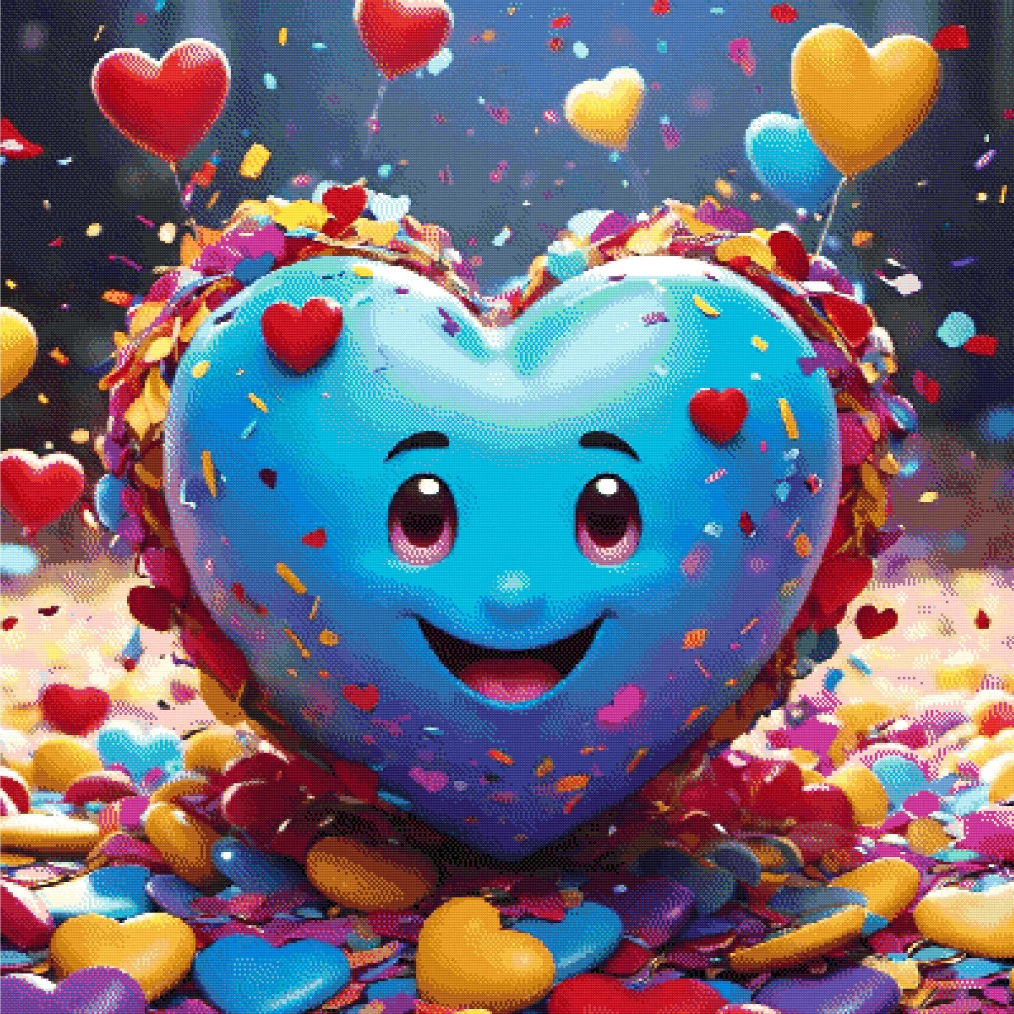 A Diamond Painting Rendering Of Smiling Blue Heart Surrounded By Confetti, Floating Heart Balloons, And Colourful Decorations. Size - 100cm X 100cm