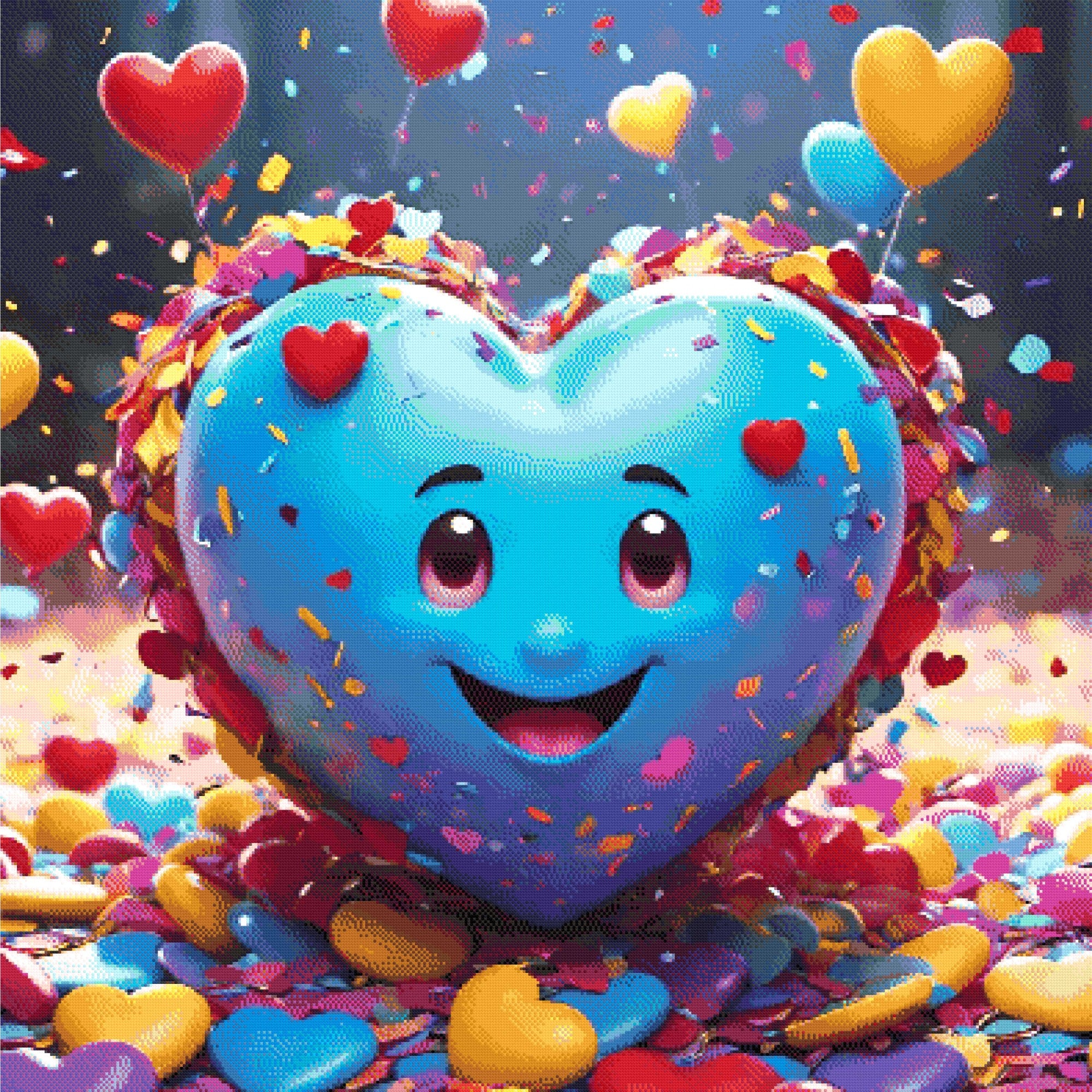 A Diamond Painting Rendering Of Smiling Blue Heart Surrounded By Confetti, Floating Heart Balloons, And Colourful Decorations. Size - 110cm X 110cm
