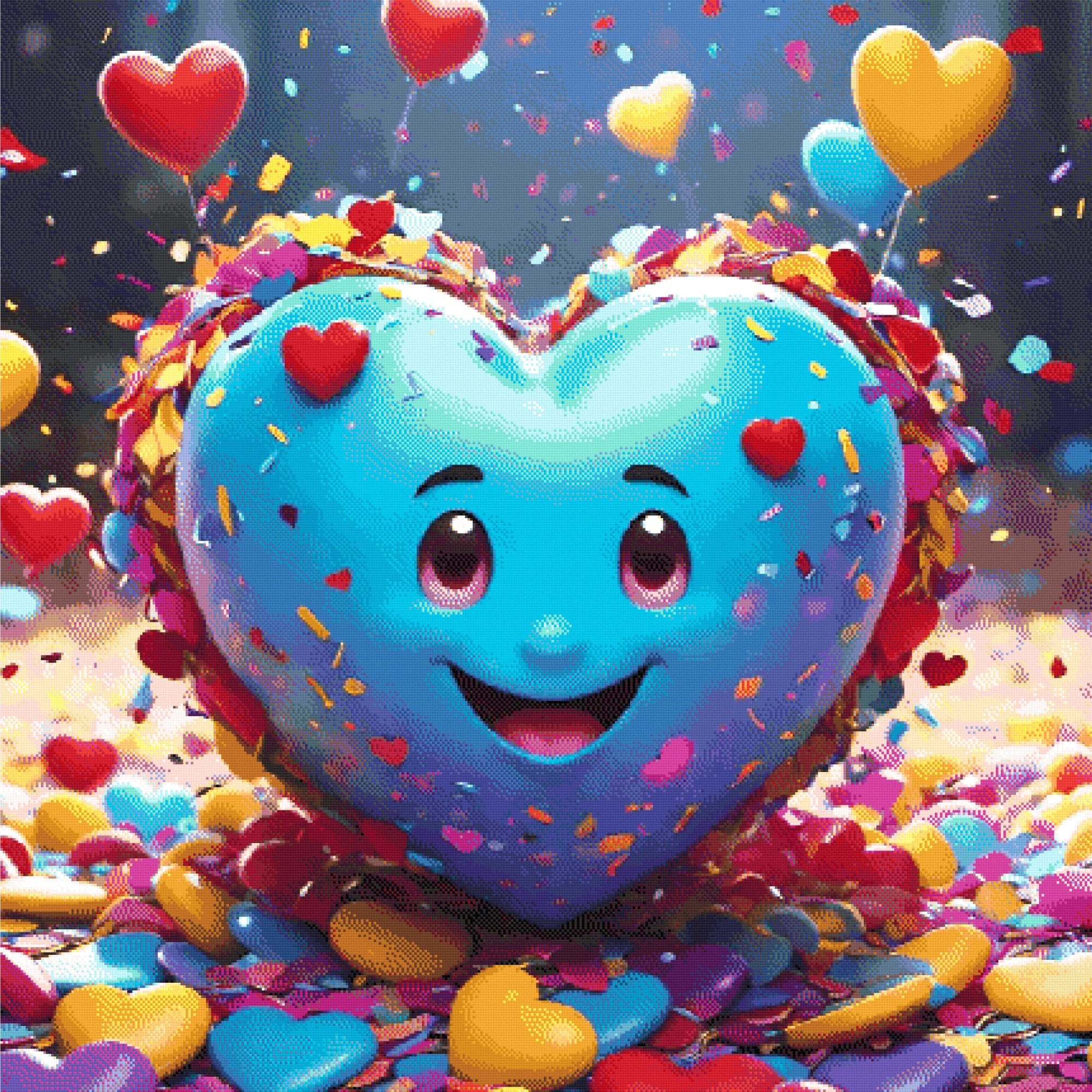 A Diamond Painting Rendering Of Smiling Blue Heart Surrounded By Confetti, Floating Heart Balloons, And Colourful Decorations. Size - 120cm X 120cm