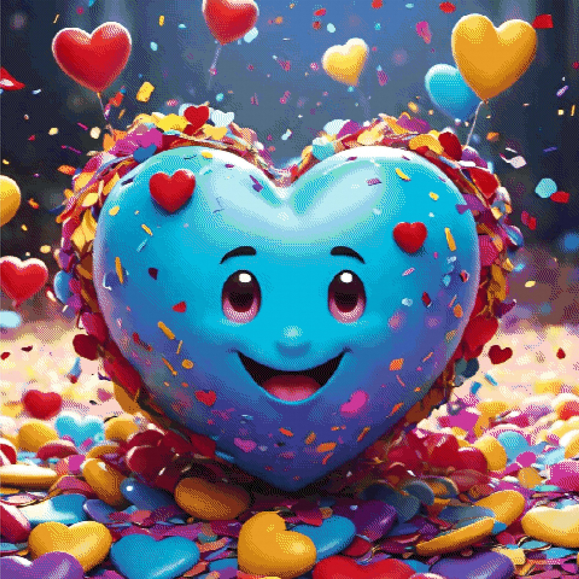 A Diamond Painting Rendering Of Smiling Blue Heart Surrounded By Confetti, Floating Heart Balloons, And Colourful Decorations. Size - 120cm X 120cm