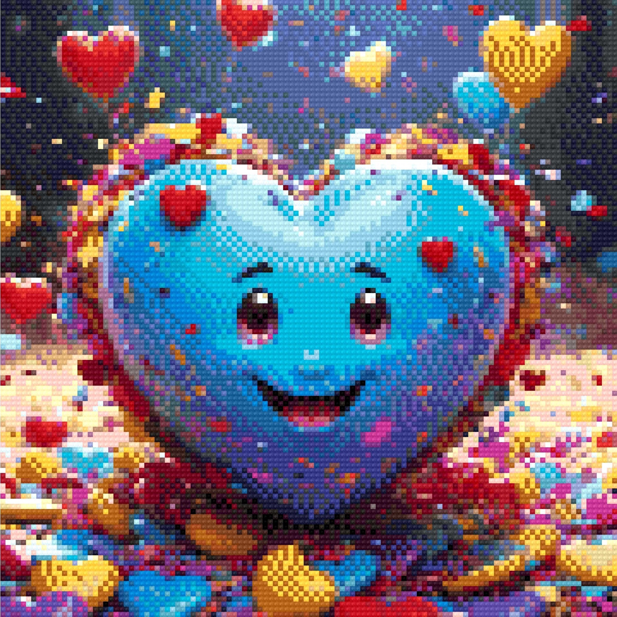 A Diamond Painting Rendering Of Smiling Blue Heart Surrounded By Confetti, Floating Heart Balloons, And Colourful Decorations. Size - 30cm X 30cm