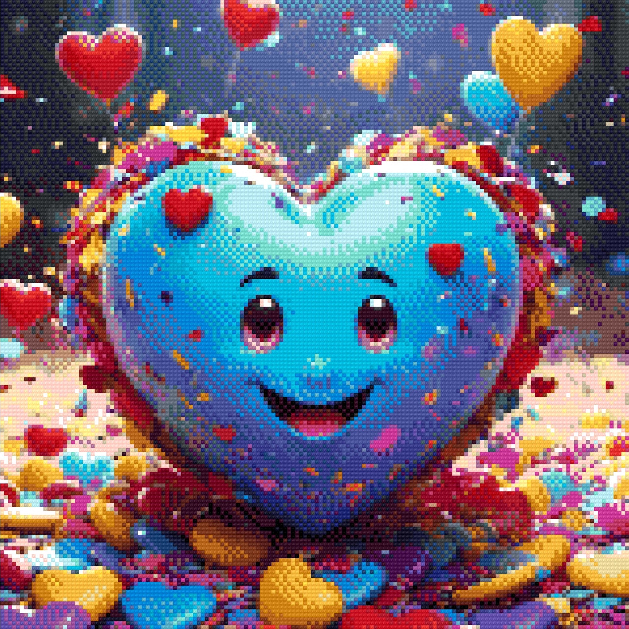 A Diamond Painting Rendering Of Smiling Blue Heart Surrounded By Confetti, Floating Heart Balloons, And Colourful Decorations. Size - 40cm X 40cm