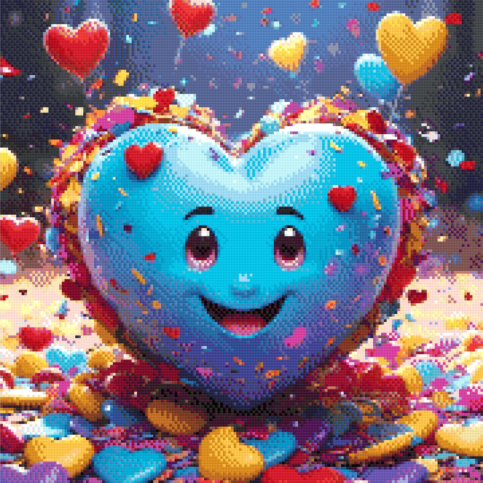 A Diamond Painting Rendering Of Smiling Blue Heart Surrounded By Confetti, Floating Heart Balloons, And Colourful Decorations. Size - 50cm X 50cm
