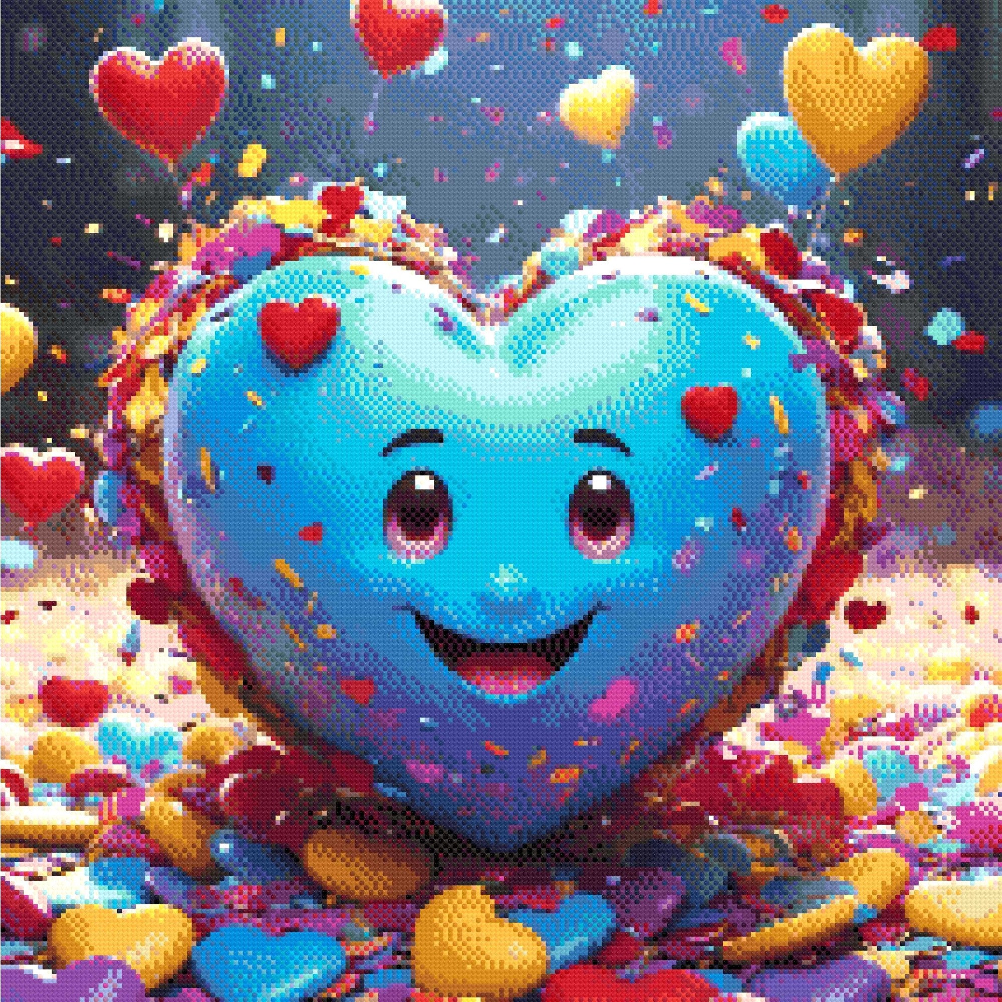 A Diamond Painting Rendering Of Smiling Blue Heart Surrounded By Confetti, Floating Heart Balloons, And Colourful Decorations. Size - 60cm X 60cm