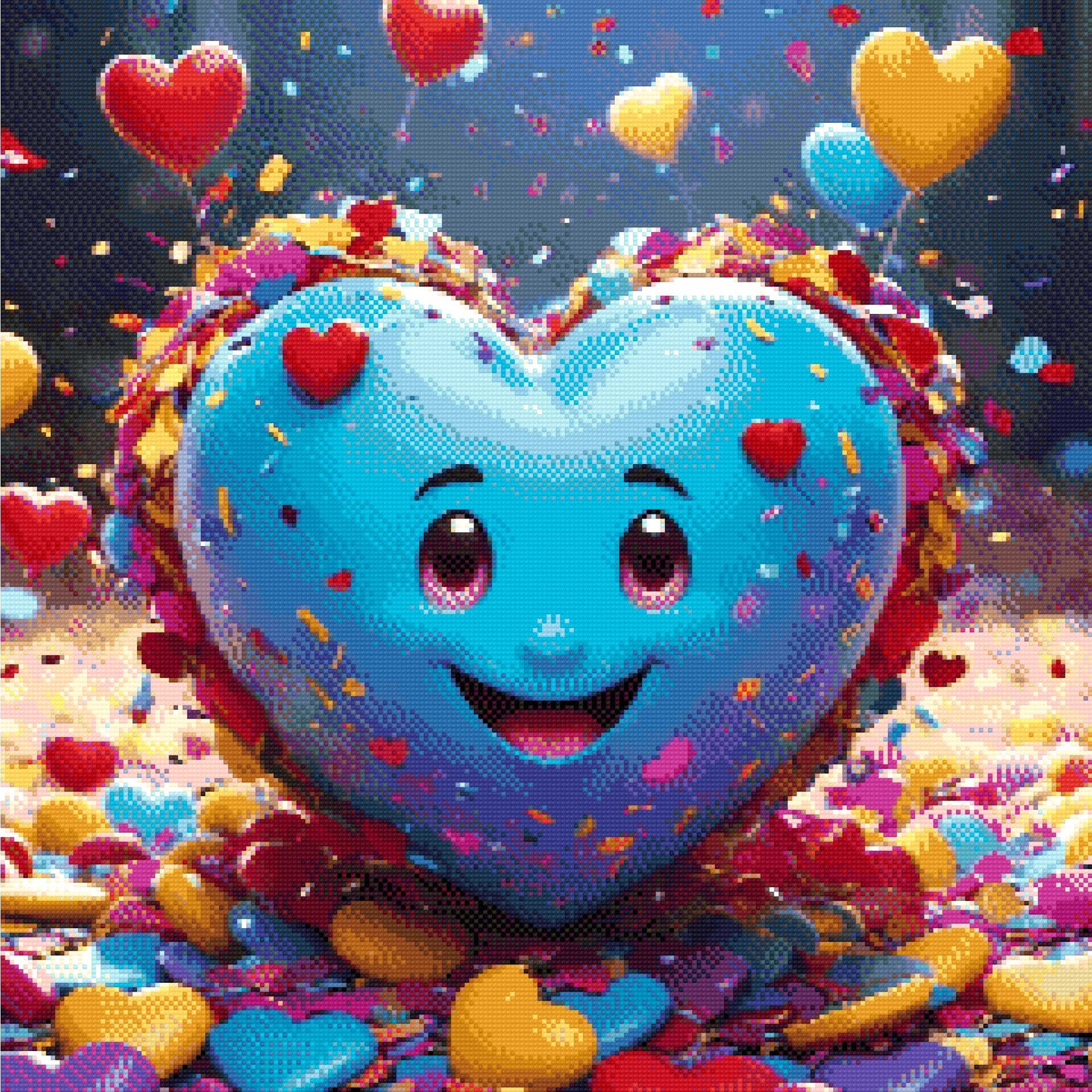 A Diamond Painting Rendering Of Smiling Blue Heart Surrounded By Confetti, Floating Heart Balloons, And Colourful Decorations. Size - 60cm X 60cm