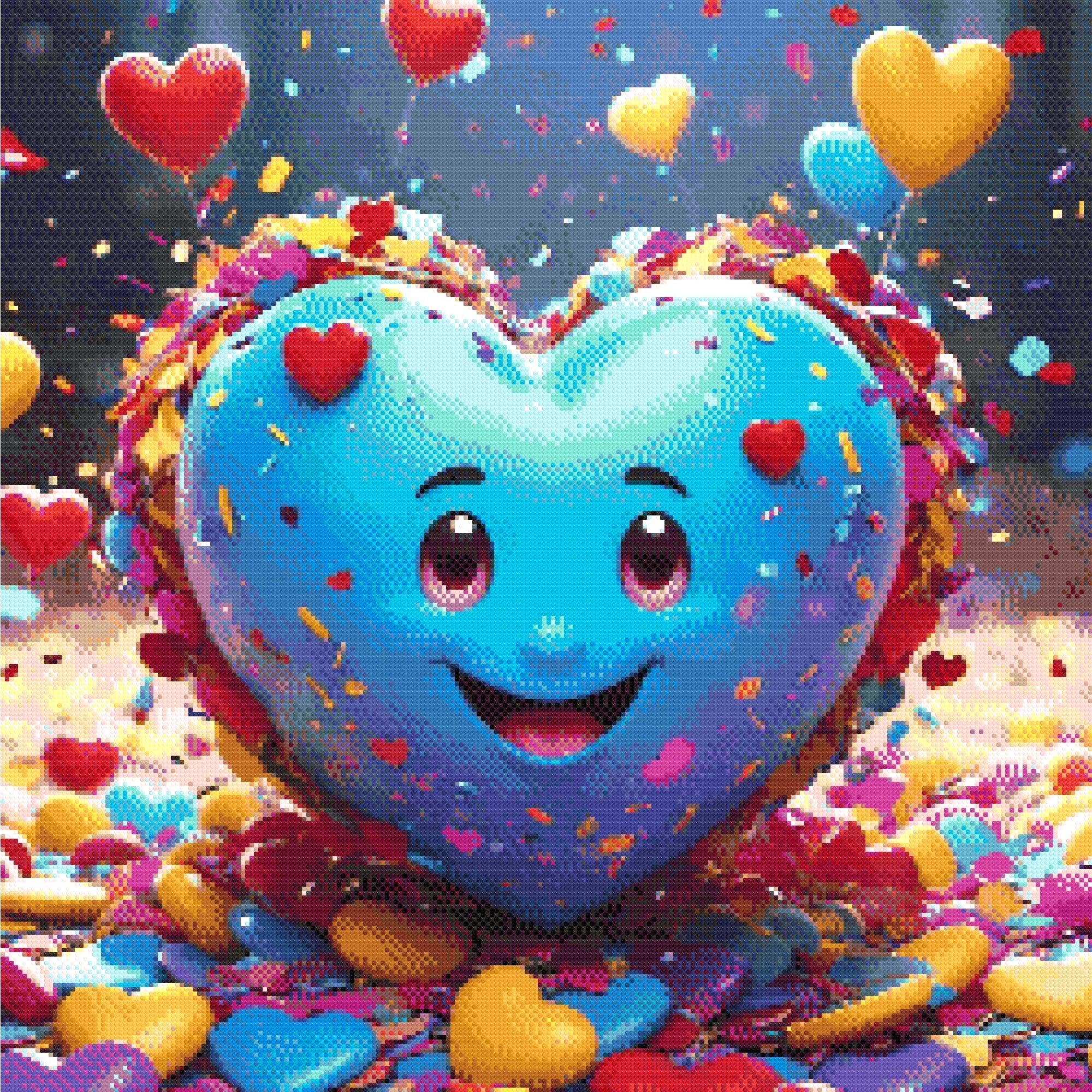 A Diamond Painting Rendering Of Smiling Blue Heart Surrounded By Confetti, Floating Heart Balloons, And Colourful Decorations. Size - 70cm X 70cm