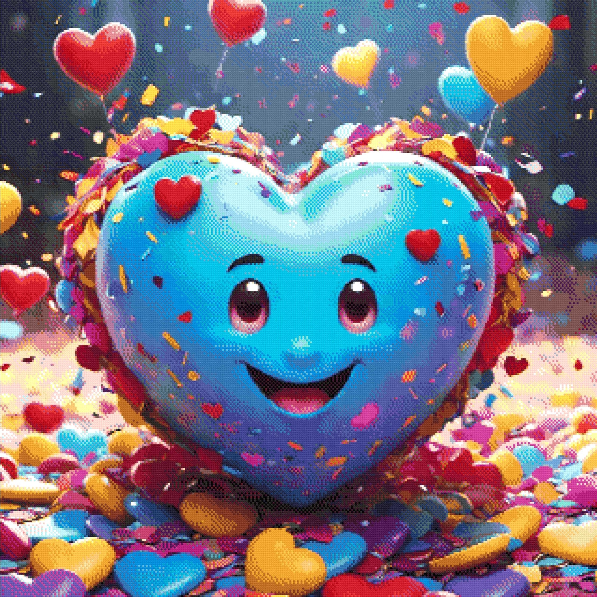 A Diamond Painting Rendering Of Smiling Blue Heart Surrounded By Confetti, Floating Heart Balloons, And Colourful Decorations. Size - 90cm X 90cm