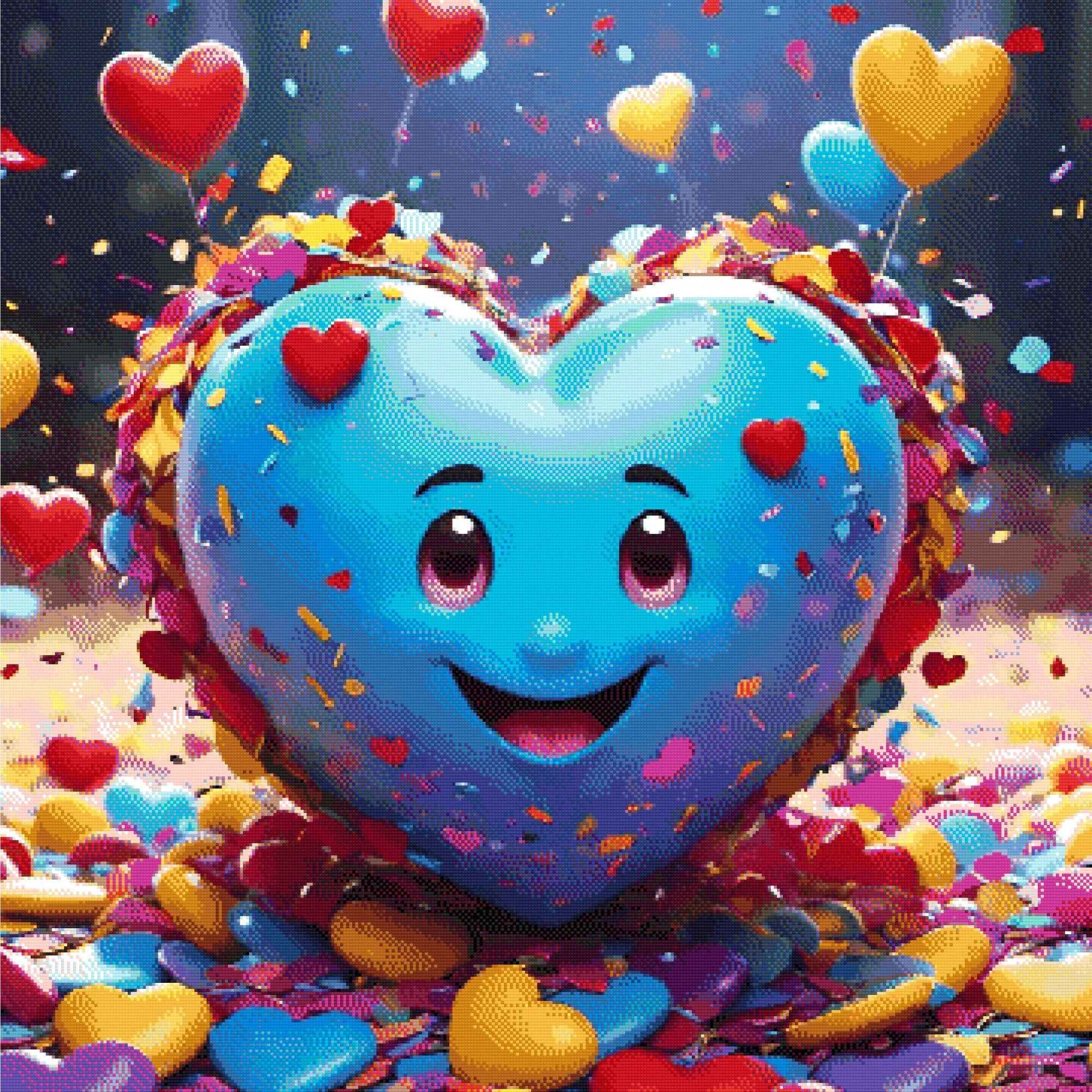 A Diamond Painting Rendering Of Smiling Blue Heart Surrounded By Confetti, Floating Heart Balloons, And Colourful Decorations. Size - 90cm X 90cm