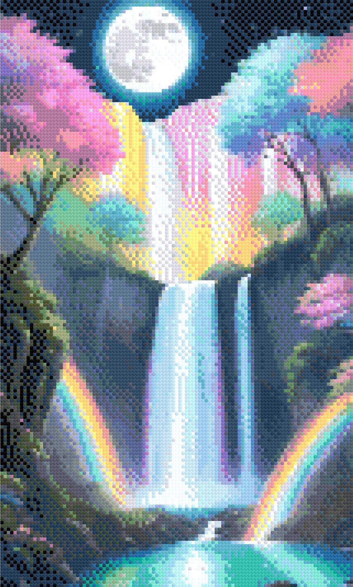 A Diamond Painting Rendering Of Waterfall Under A Full Moon With Pastel Trees And Rainbows In A Serene, Magical Landscape. Size - 30cm X 50cm