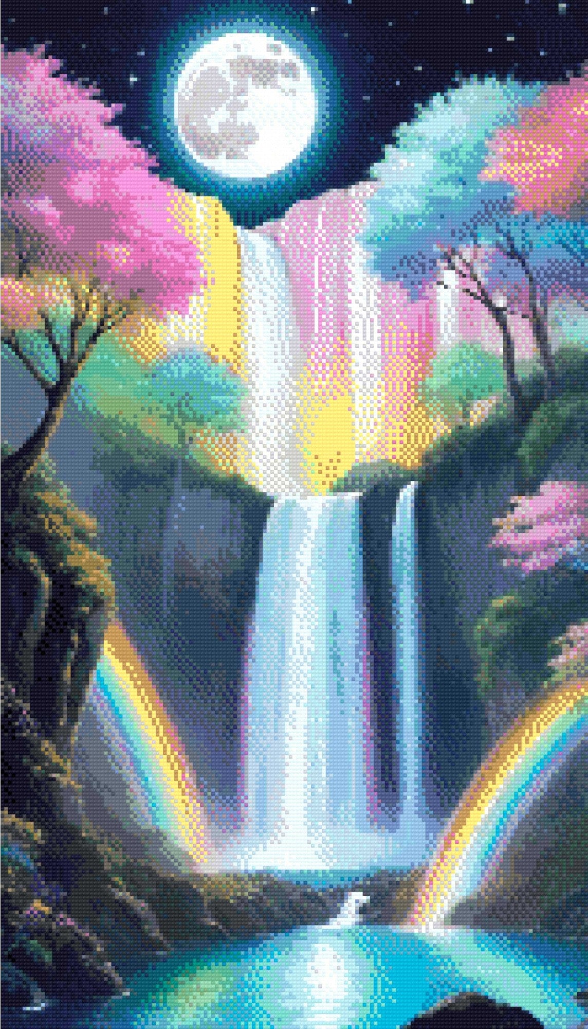 A Diamond Painting Rendering Of Waterfall Under A Full Moon With Pastel Trees And Rainbows In A Serene, Magical Landscape. Size - 40cm X 70cm