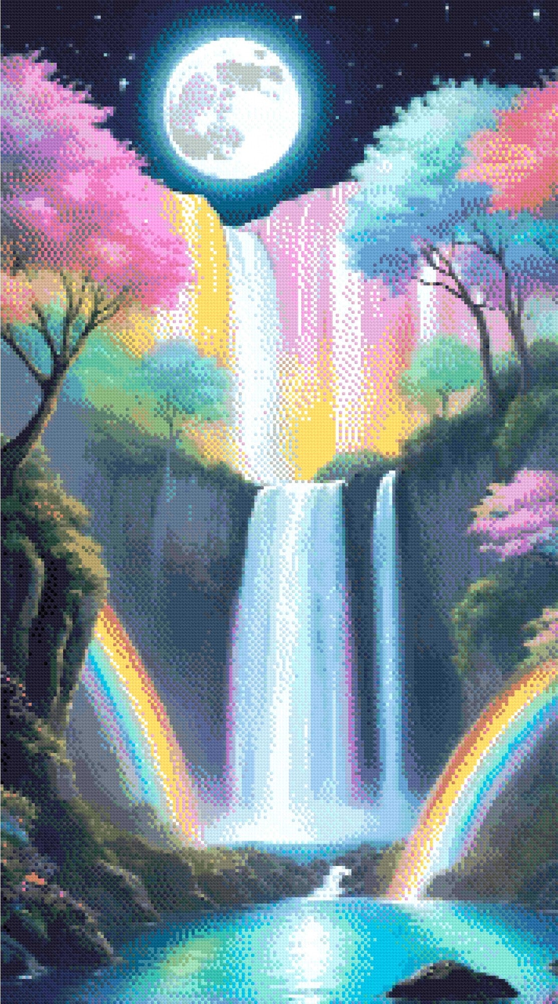 A Diamond Painting Rendering Of Waterfall Under A Full Moon With Pastel Trees And Rainbows In A Serene, Magical Landscape. Size - 50cm X 90cm