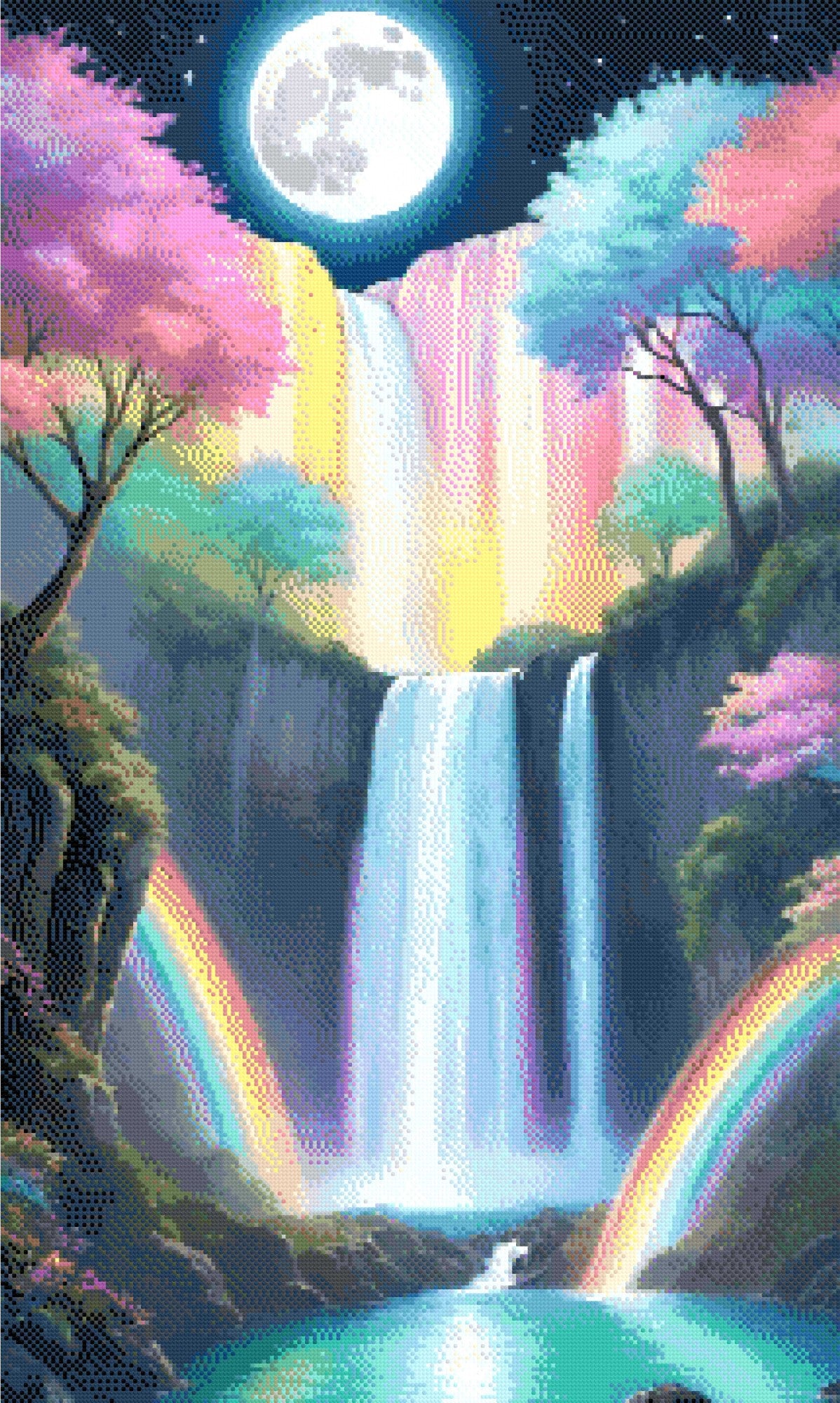 A Diamond Painting Rendering Of Waterfall Under A Full Moon With Pastel Trees And Rainbows In A Serene, Magical Landscape. Size - 60cm X 100cm