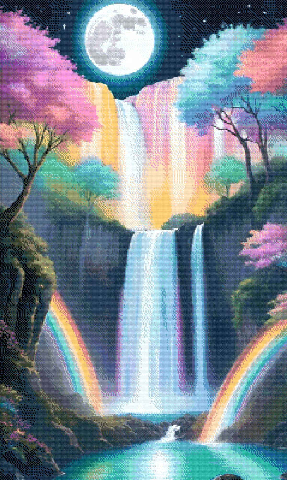 A Diamond Painting Rendering Of Waterfall Under A Full Moon With Pastel Trees And Rainbows In A Serene, Magical Landscape. Size - 60cm X 100cm
