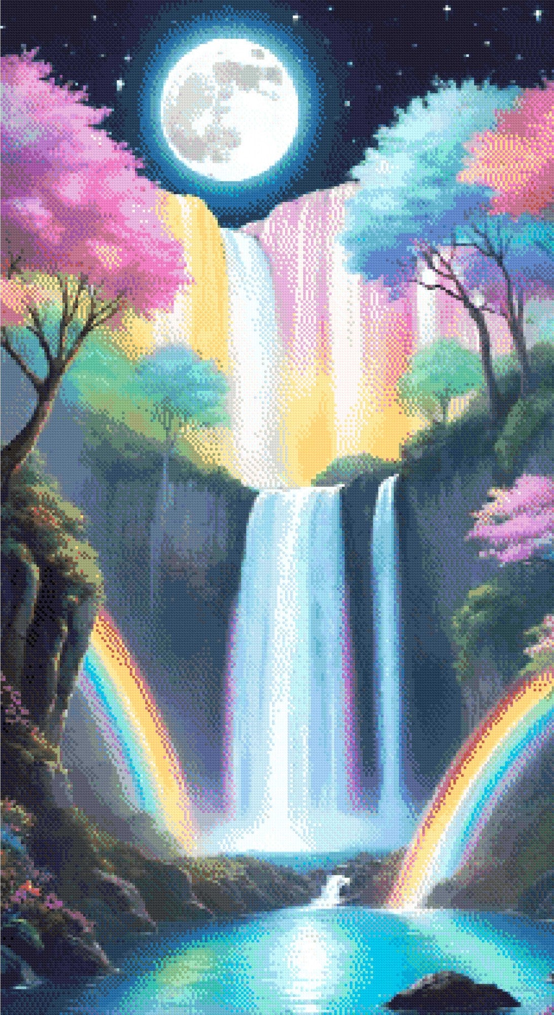 A Diamond Painting Rendering Of Waterfall Under A Full Moon With Pastel Trees And Rainbows In A Serene, Magical Landscape. Size - 60cm X 110cm