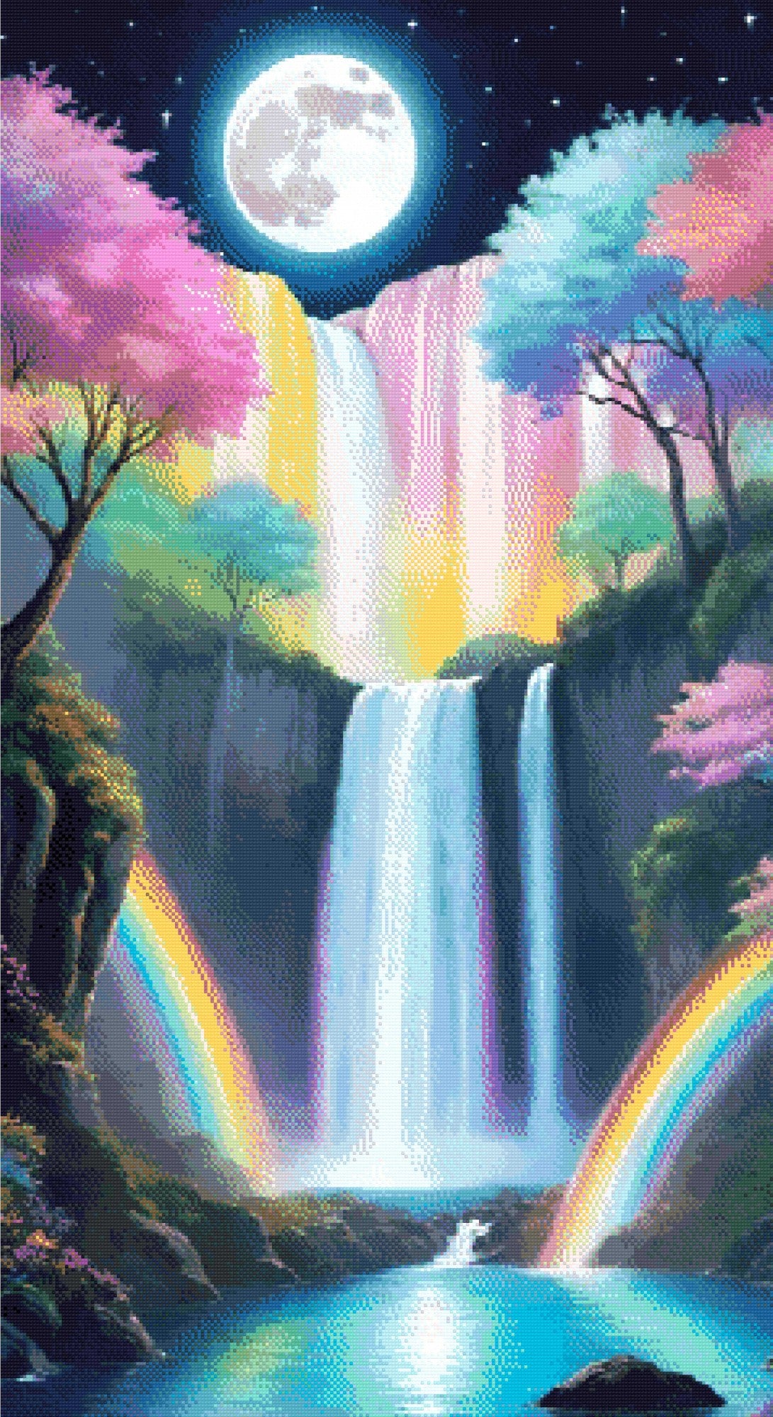 A Diamond Painting Rendering Of Waterfall Under A Full Moon With Pastel Trees And Rainbows In A Serene, Magical Landscape. Size - 60cm X 110cm
