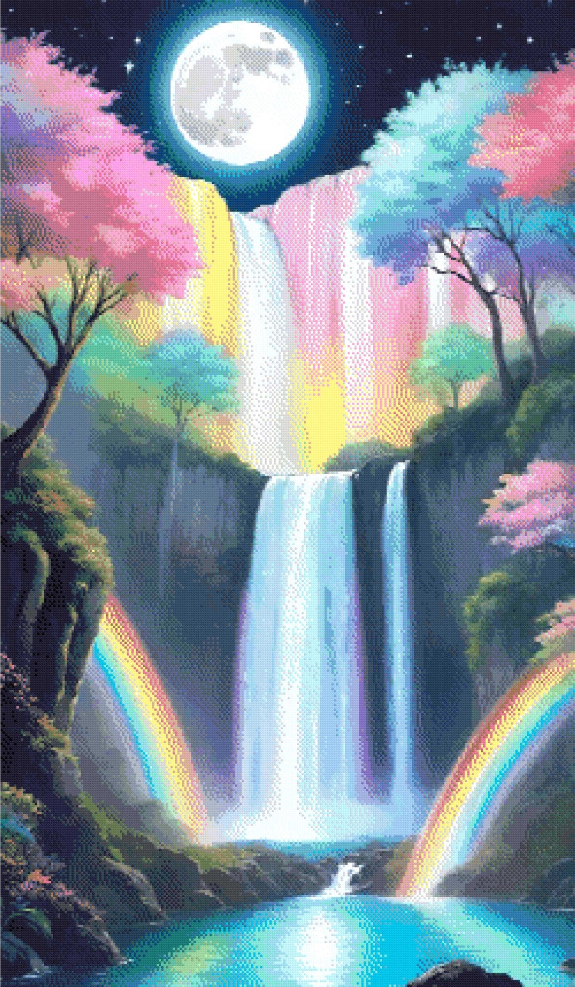 A Diamond Painting Rendering Of Waterfall Under A Full Moon With Pastel Trees And Rainbows In A Serene, Magical Landscape. Size - 70cm X 120cm
