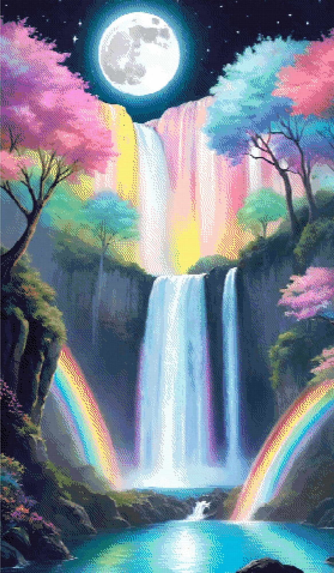 A Diamond Painting Rendering Of Waterfall Under A Full Moon With Pastel Trees And Rainbows In A Serene, Magical Landscape. Size - 70cm X 120cm