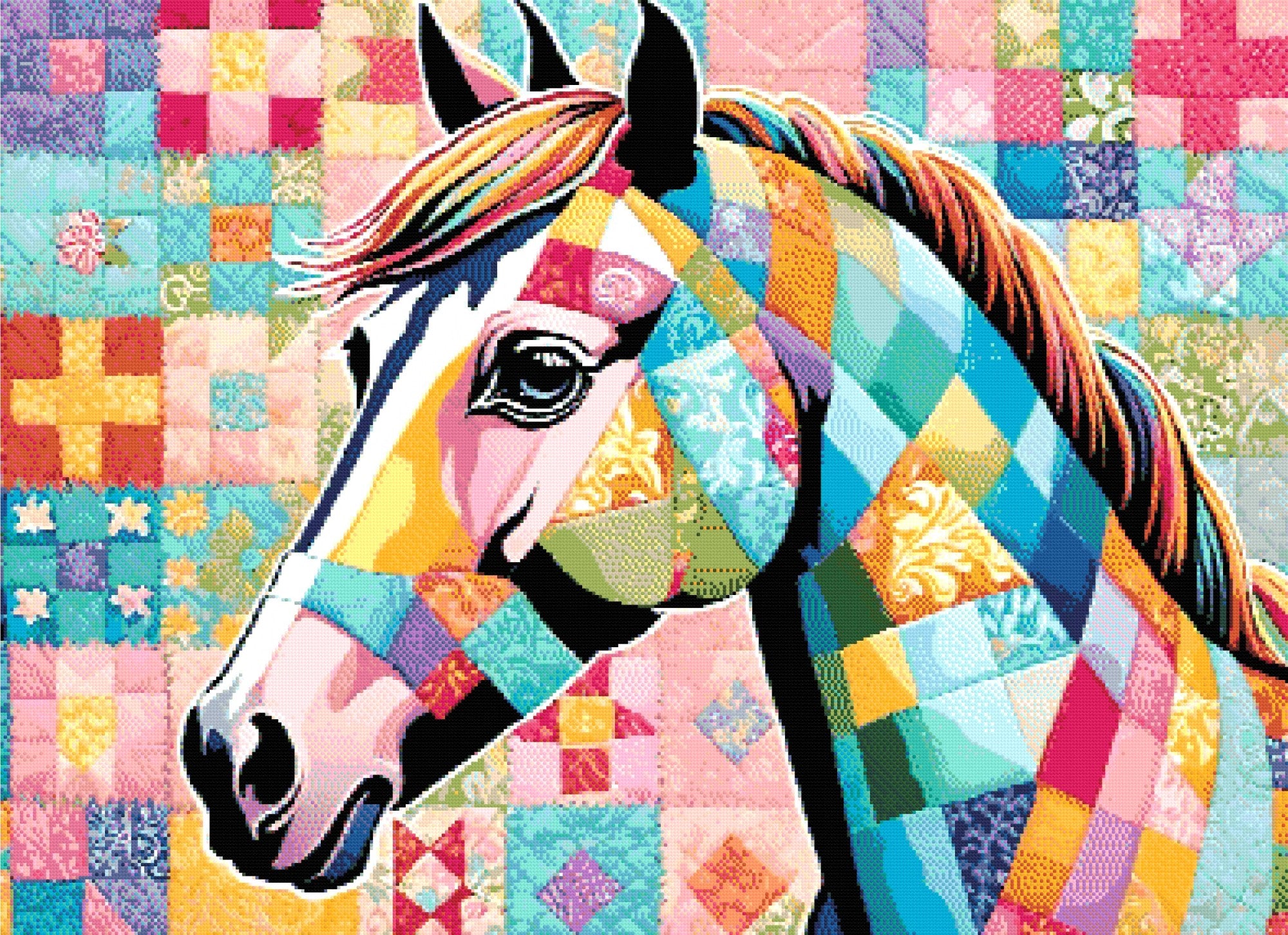A Diamond Painting Rendering Of A Colourful Patchwork Horse Set Against A Quilted Fabric Background With Intricate Patterns And Vibrant Hues. Size - 110cm X 80cm