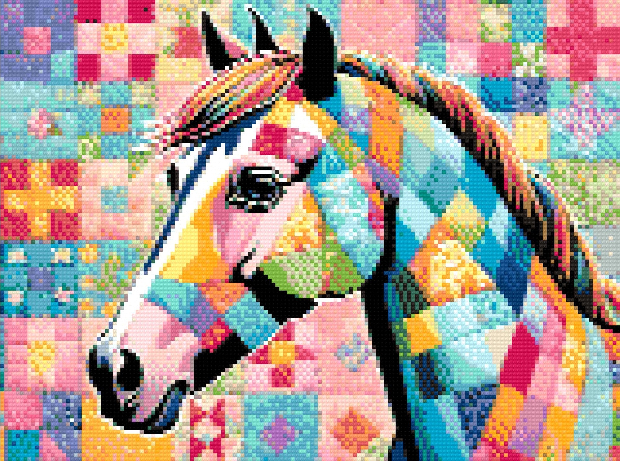 A Diamond Painting Rendering Of A Colourful Patchwork Horse Set Against A Quilted Fabric Background With Intricate Patterns And Vibrant Hues. Size - 40cm X 30cm