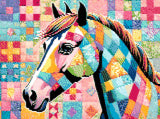 A Diamond Painting Rendering Of A Colourful Patchwork Horse Set Against A Quilted Fabric Background With Intricate Patterns And Vibrant Hues. Size - 40cm X 30cm