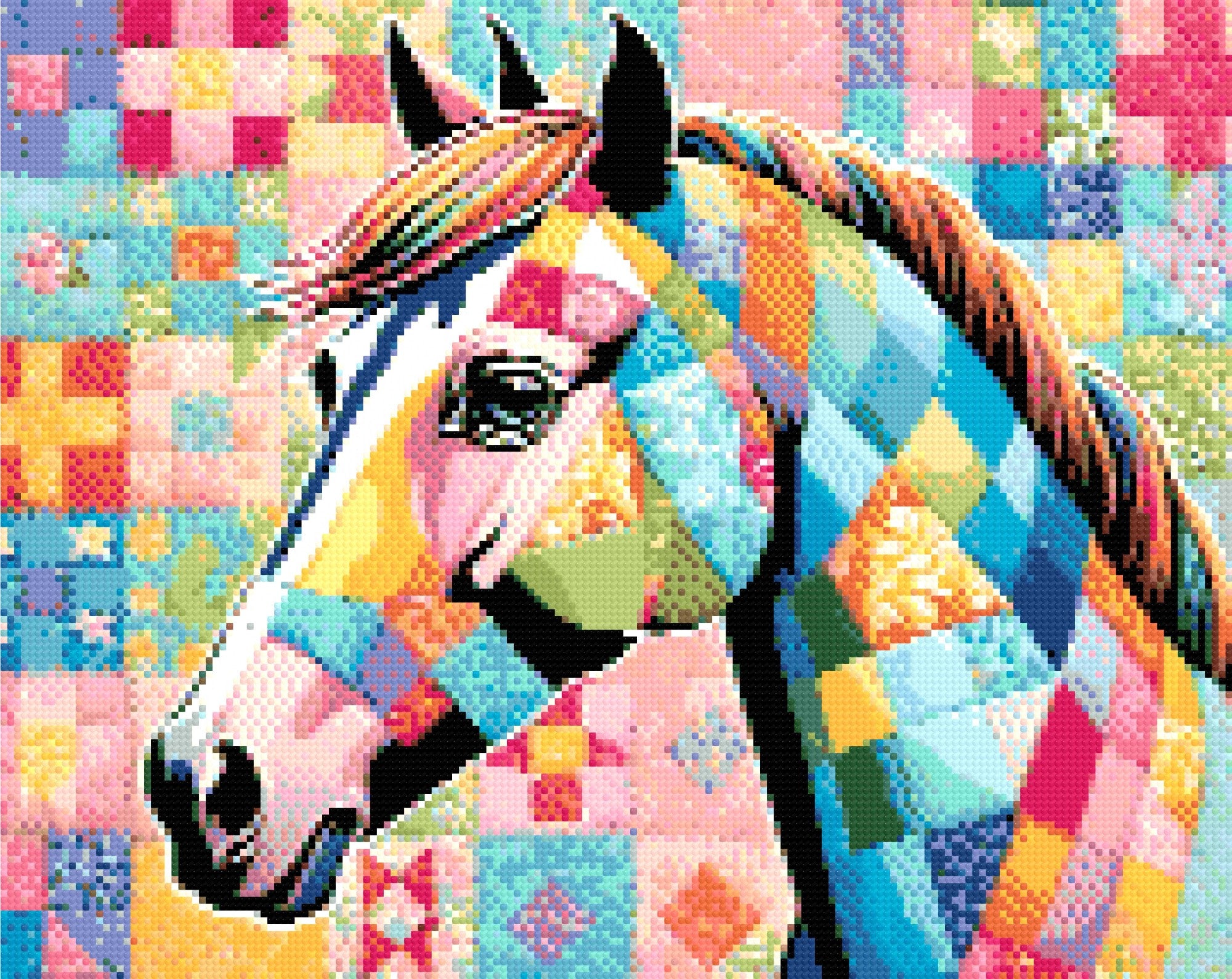 A Diamond Painting Rendering Of A Colourful Patchwork Horse Set Against A Quilted Fabric Background With Intricate Patterns And Vibrant Hues. Size - 50cm X 40cm