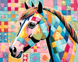 A Diamond Painting Rendering Of A Colourful Patchwork Horse Set Against A Quilted Fabric Background With Intricate Patterns And Vibrant Hues. Size - 50cm X 40cm