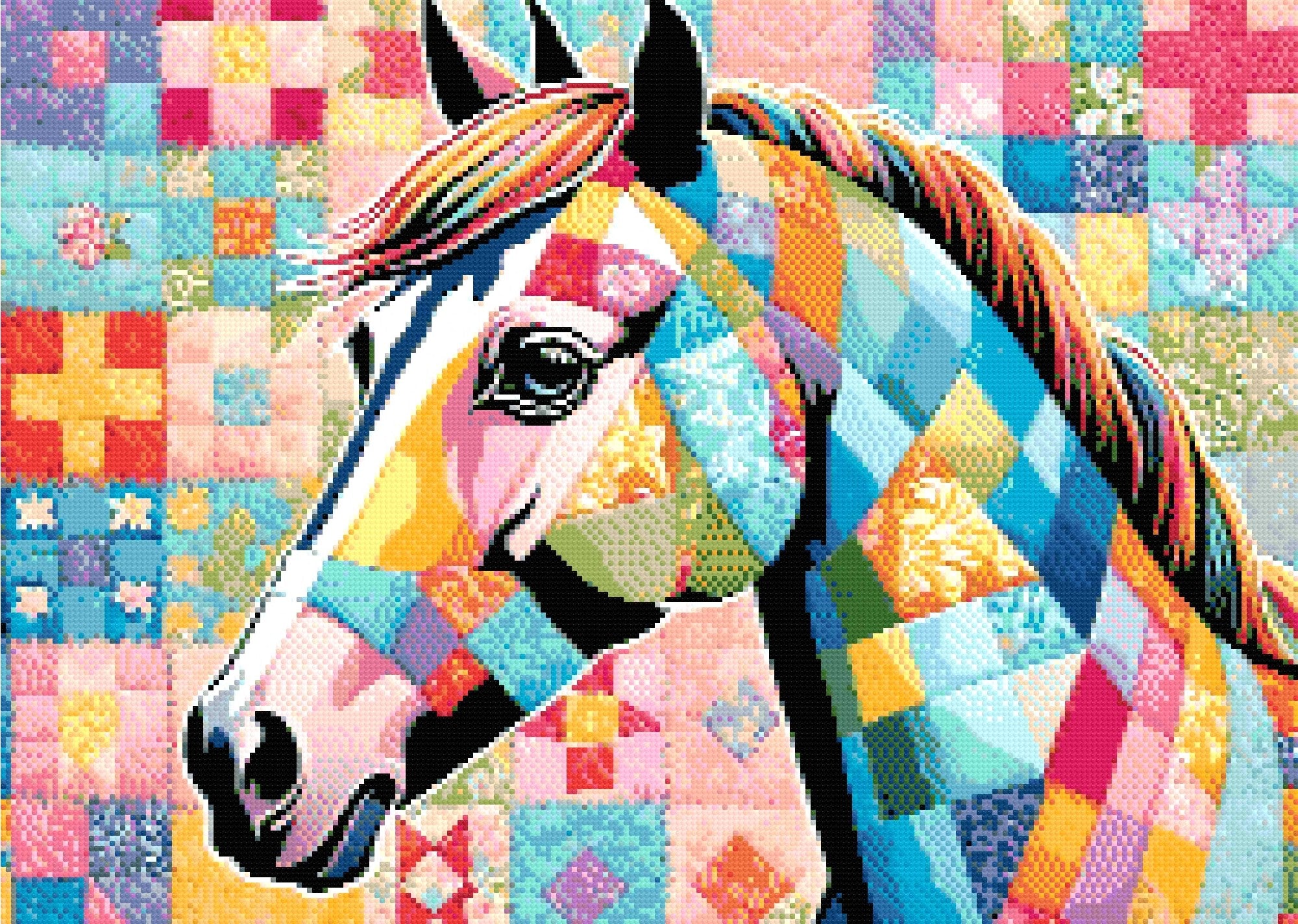 A Diamond Painting Rendering Of A Colourful Patchwork Horse Set Against A Quilted Fabric Background With Intricate Patterns And Vibrant Hues. Size - 70cm X 50cm