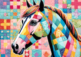 A Diamond Painting Rendering Of A Colourful Patchwork Horse Set Against A Quilted Fabric Background With Intricate Patterns And Vibrant Hues. Size - 70cm X 50cm