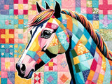 A Diamond Painting Rendering Of A Colourful Patchwork Horse Set Against A Quilted Fabric Background With Intricate Patterns And Vibrant Hues. Size - 80cm X 60cm