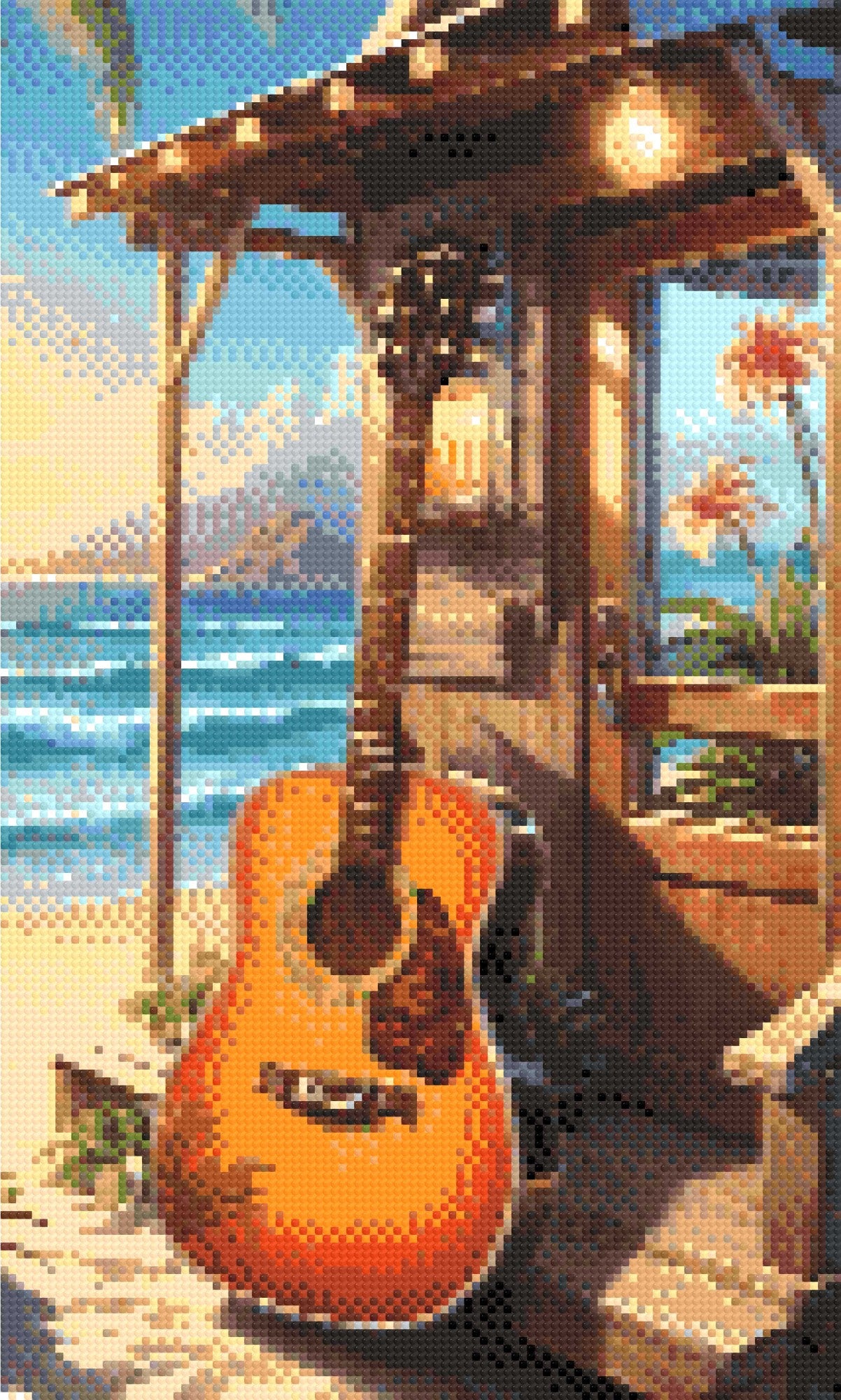 A Diamond Painting Rendering Of An Acoustic Guitar Leaning Against A Beach Cabin With An Ocean View Under A Golden Sunset. Size - 30cm X 50cm