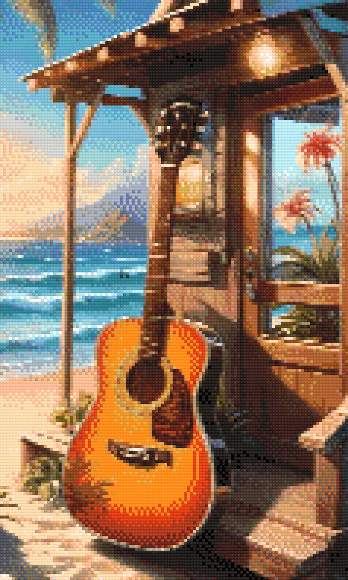 A Diamond Painting Rendering Of An Acoustic Guitar Leaning Against A Beach Cabin With An Ocean View Under A Golden Sunset. Size - 30cm X 50cm